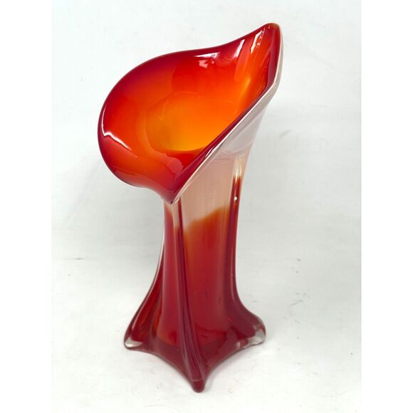 VTG Murano Style Calla Lily Jack in Pulpit Art Glass Orange, White, Red MCM Vase - Picture 1 of 8